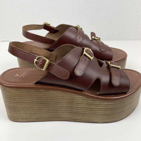 Anthropologie Buckle Platform Wedge Sandal Slingback Size EU 40 Brown - Picture 4 of 9